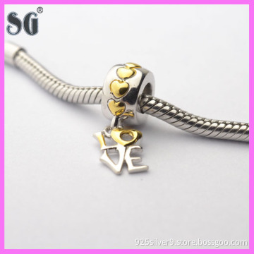 Genuine 925 Sterling Silver Letters Bead Manufacturer Gold Loving heart Charms fit European Bracelet Snake Chain hot Selling
